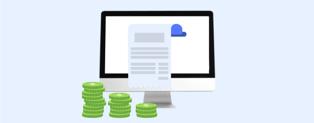 A stylized graphic of a desktop computer displaying a document on its screen, with a small cloud icon at the top right of the document, indicating cloud computing or online storage. In front of the computer, there are stacks of green coins with a dollar sign, suggesting a financial theme, possibly related to online earnings, digital accounting, or internet banking services.