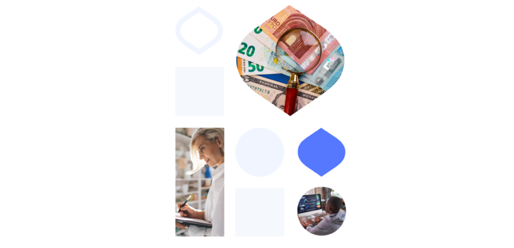 The top left features an empty hexagon outline, next to it is a magnifying glass focusing on a mix of Euro banknotes including a 20 and a 50 Euro note. Below the hexagon, there is a blank square. In the center, a woman in a light shirt is looking at her mobile phone, absorbed in its use. Below her, there is a circle overlapping a square, and next to this geometrical design, a man is seen from above, engaged with a tablet displaying financial charts. On the right, a blue diamond shape completes the arrangement.
