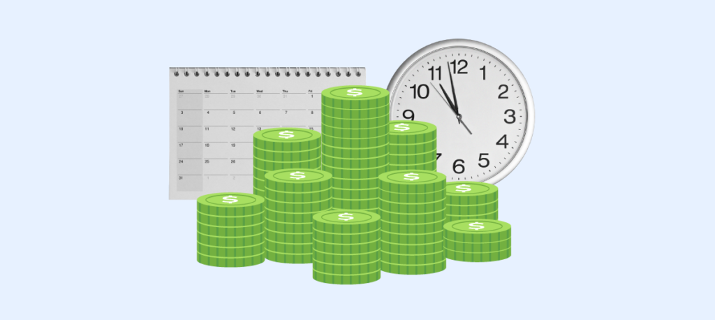 On one side you have a big clock and a calendar with several dates marked. And on the other side a pile of coins, this represents an opportunity of being an international freelancer. 