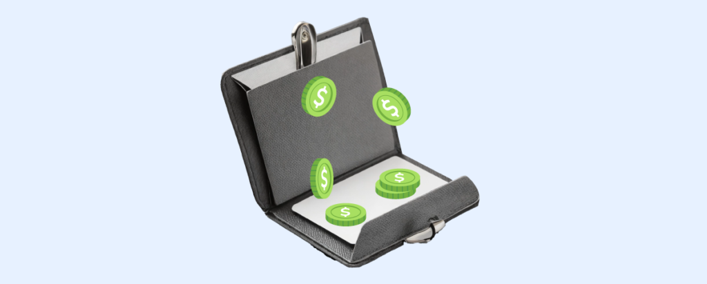 The image shows a briefcase with dollar sign coins spilling out, symbolizing financial management or revenue.