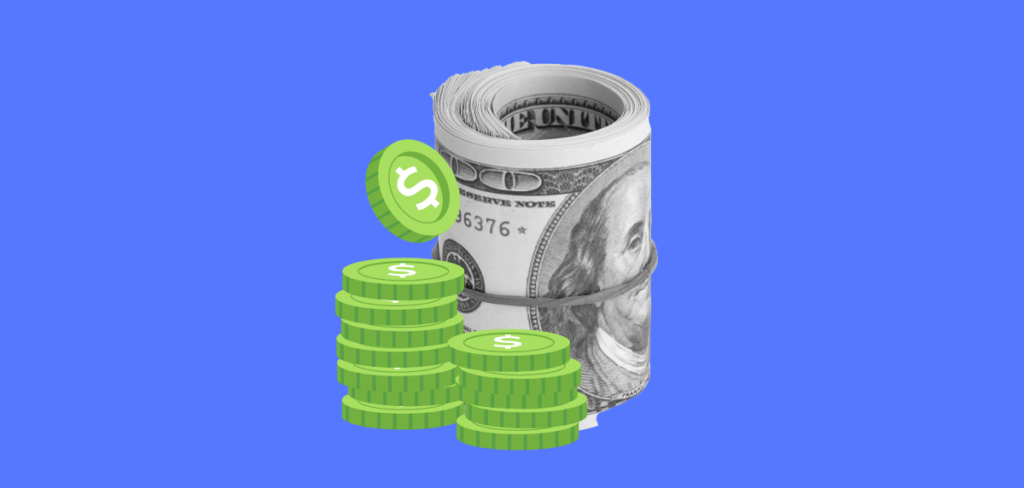 A blue background with some bills rolled up and some stacked green coins. 