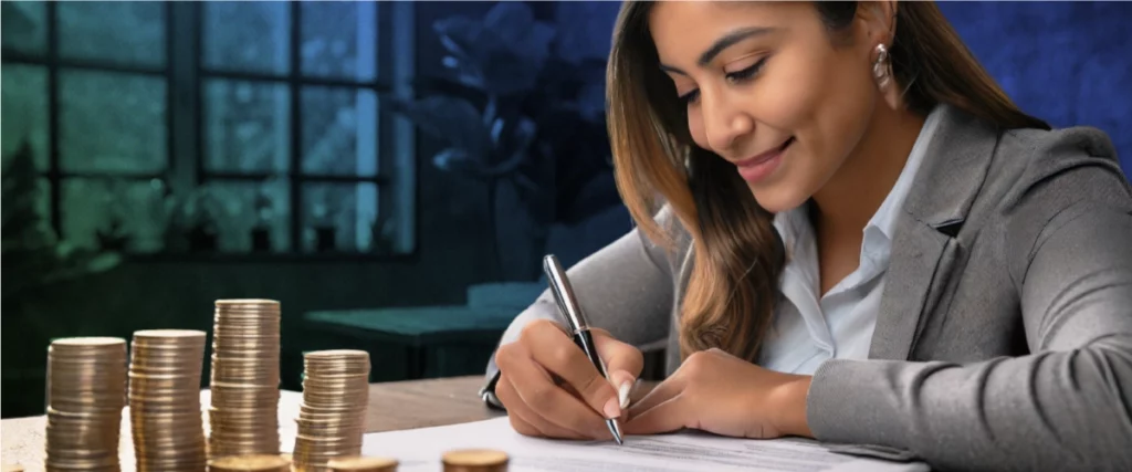 A focused woman with a warm smile is sitting at a desk, writing on a document. In the foreground, there are ascending stacks of coins, symbolizing financial growth or savings. The setting appears to be a professional office environment with a dimly lit background, possibly in the evening.