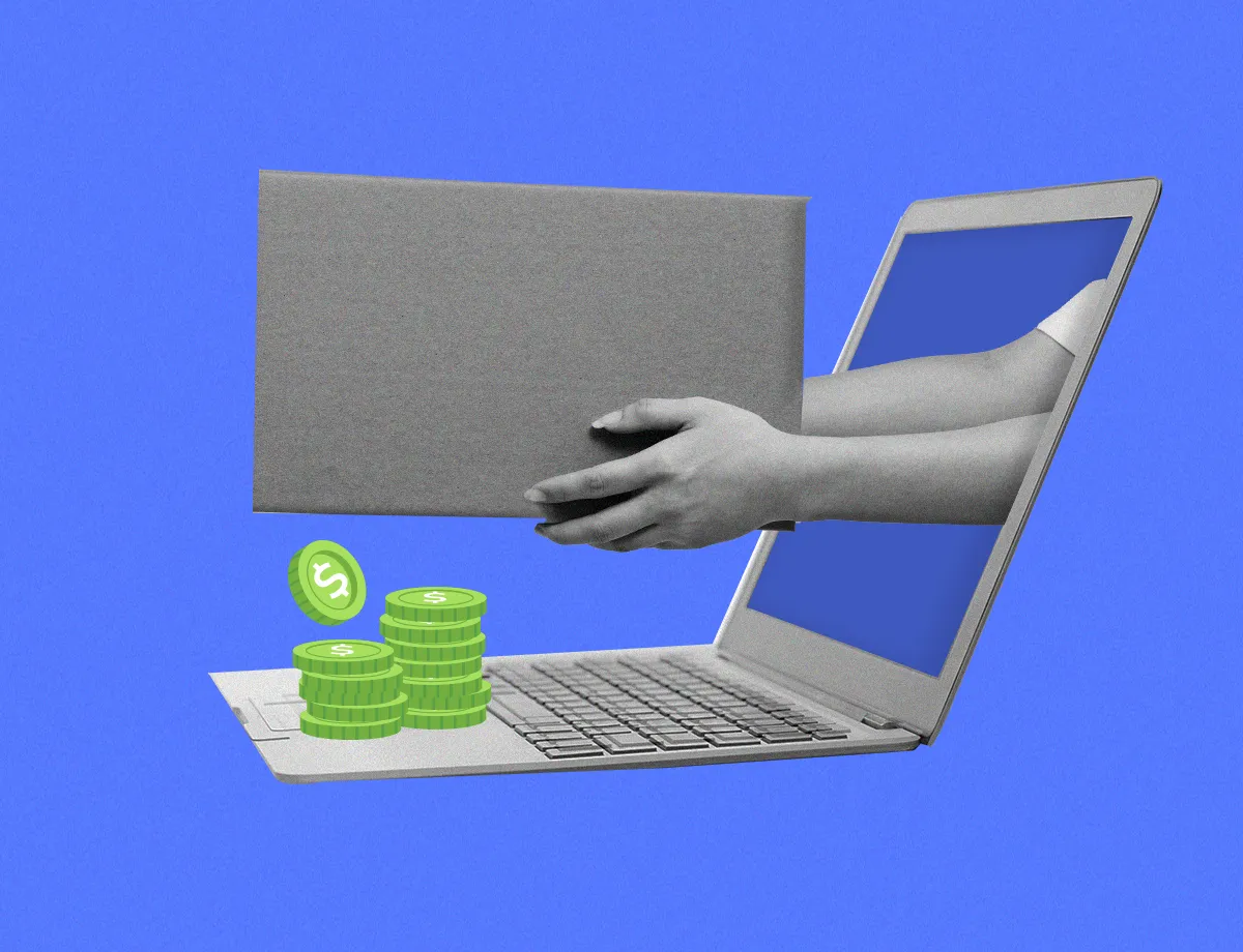A hand extends from the side of a laptop, passing a gray file to another hand emerging from the screen, with stacks of green dollar coins scattered beside the computer.