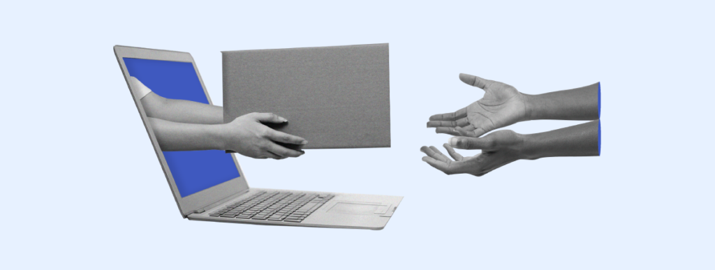 A conceptual image illustrating the idea of digital interaction, depicting an arm reaching out from a laptop screen, handing over a document to a human hand, symbolizing the personal and direct service provided by a retail bank through online platforms.
