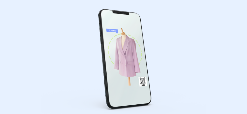 A conceptual image representing retail banking services with a smartphone displaying a lavender coat for sale at $30.00, highlighted by a green dashed line, suggesting online retail bank transactions facilitated through QR code scanning