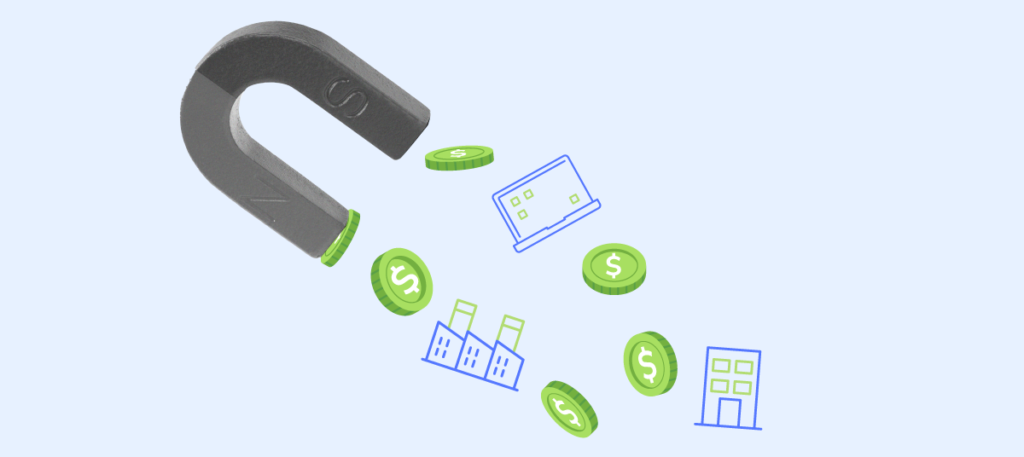 A graphic representation of a large magnet in the shape of a horseshoe with a dollar sign, attracting various financial icons. These icons include coins with dollar signs and small illustrations of commercial buildings, symbolizing the attraction of wealth and investment opportunities to businesses.