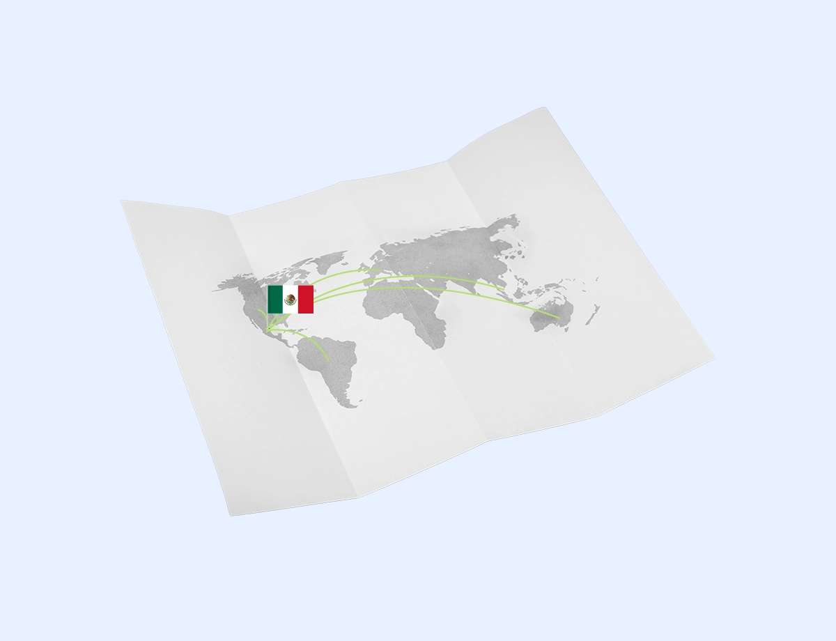 Mapa del mundo sobre un fondo abierto con líneas verdes que conectan México e Italia, representando la facturación a clientes extranjeros.
