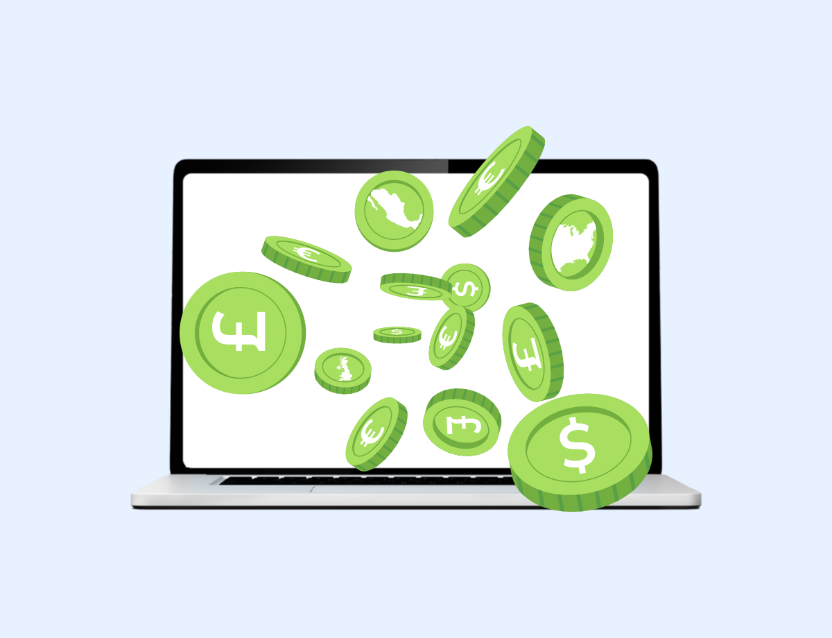 A computer screen with some green coins flying around. These coins have different currencies and countries on them.