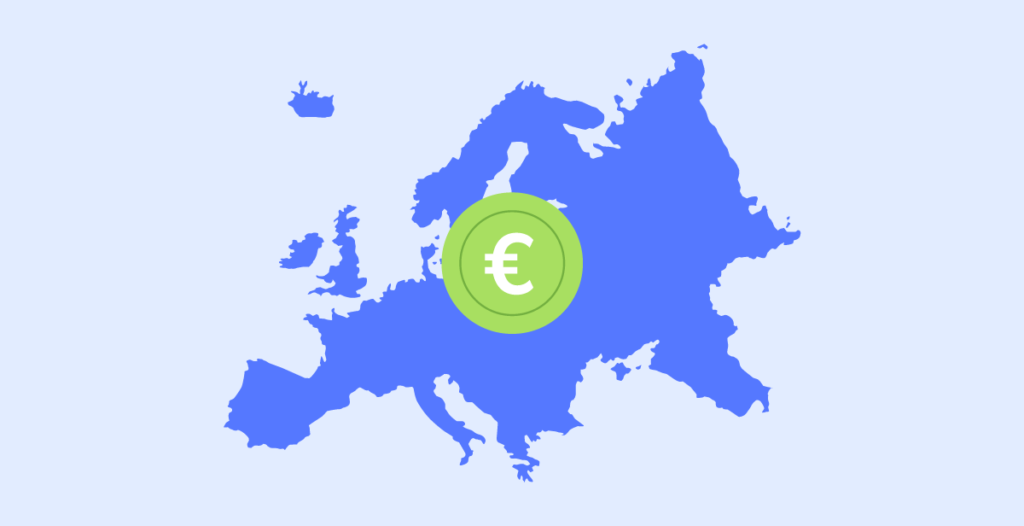 A map of the countries where SEPA is available with a green coin and an euro sign on it. 