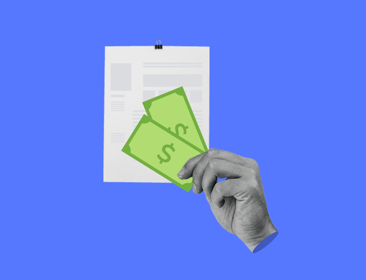 A paper simulating an traditional invoice with a hand holding two bills.