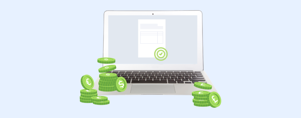 A laptop computer with a green checkmark on the screen, surrounded by stacks of coins in various denominations.
