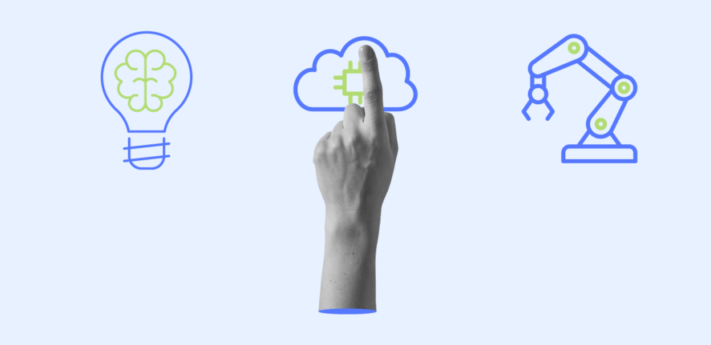 A hand with a pointing finger gestures towards a light bulb, a cloud, and a robot. The light bulb is lit up, suggesting an idea. The cloud represents the internet or data storage. The robot symbolizes technology and automation. The overall image could represent innovation, creative problem-solving, or the use of technology to generate new ideas.