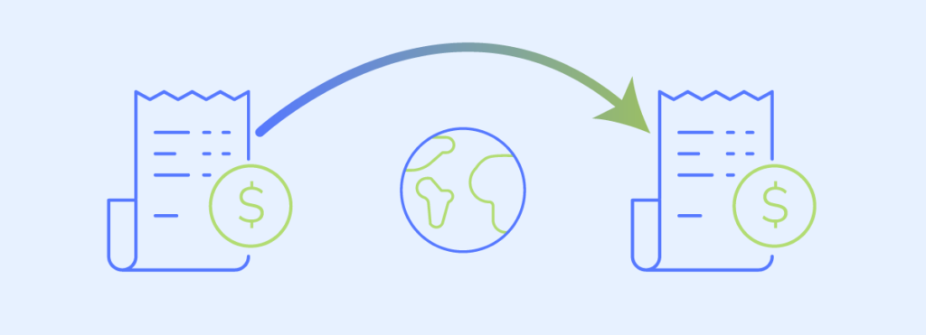 An illustration of two electronic invoices with a dollar sign and a globe with an arrow going through it. 

