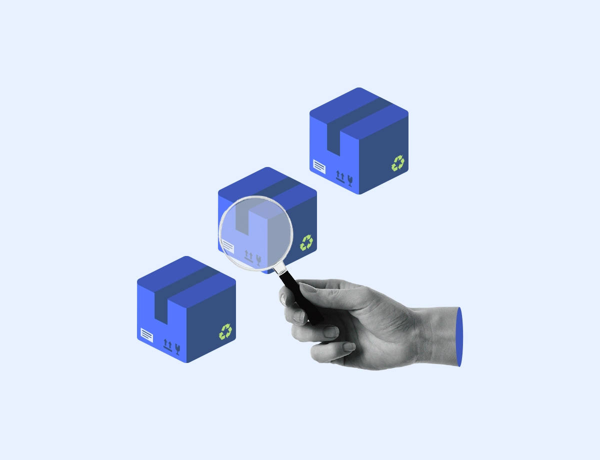 The image presents a hand holding a magnifying glass over floating blue boxes, symbolizing a close examination of warehouse operations to prevent delayed payments.