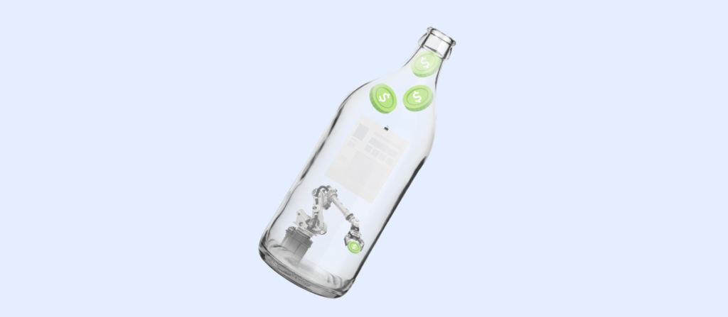 The image features a clear bottle lying on its side with green dollar sign symbols floating inside and above it, alongside a robotic arm inside the bottle, suggesting the concept of automating savings or financial growth.
