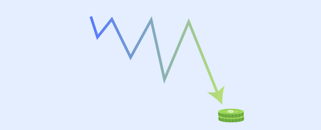 The image depicts a graphical representation of a financial downturn with a zigzag line chart in blue and green, showing a sharp decline with an arrow pointing downwards towards a single green coin with a dollar sign, indicating a decrease in money or profits.
