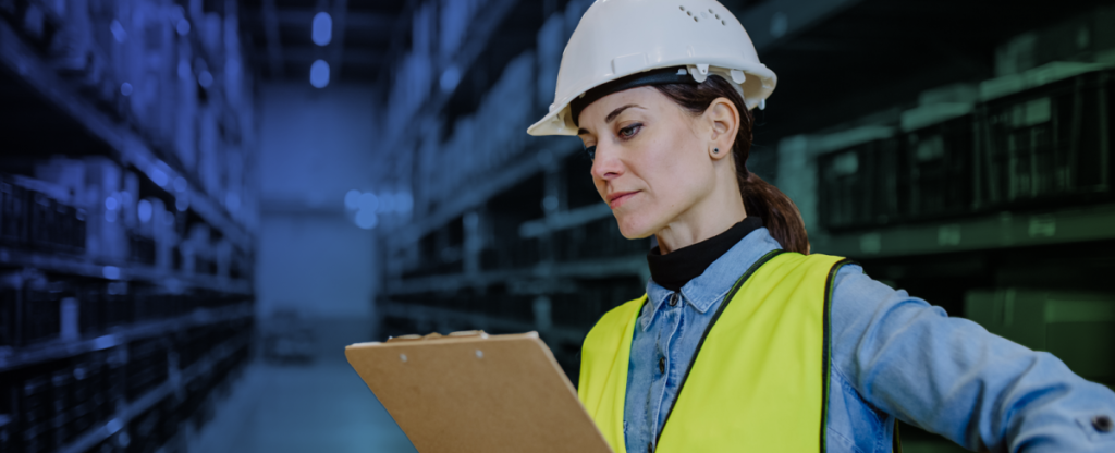 The image depicts a focused female warehouse operations worker in a safety helmet and reflective vest, holding a clipboard, with shelves stocked with goods in the background, illustrating an organized inventory environment.
