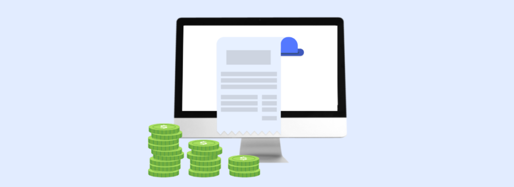 The image shows a computer monitor displaying a document with a cloud icon, accompanied by stacks of coins, suggesting a theme of financial documents or transactions managed online.