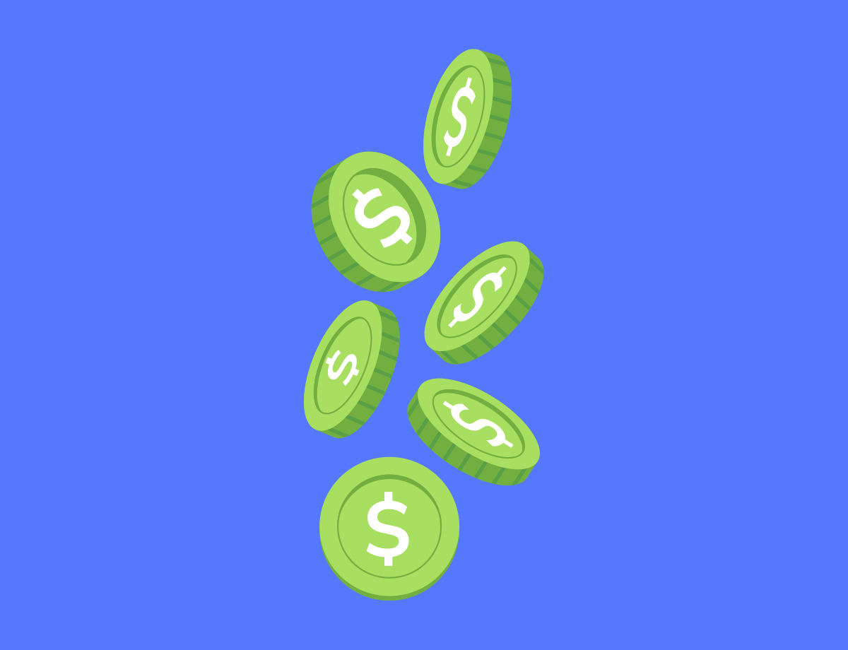 Monedas verdes cayendo sobre un fondo azul.