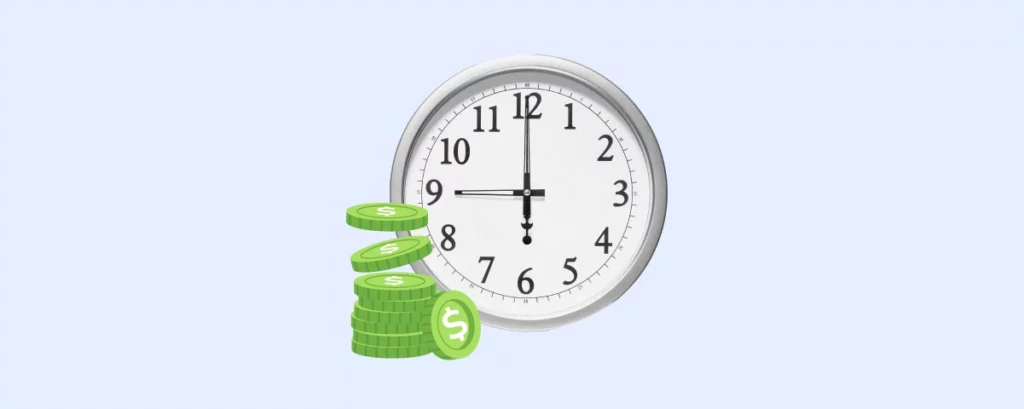 A wall clock with a stack of green coins. 