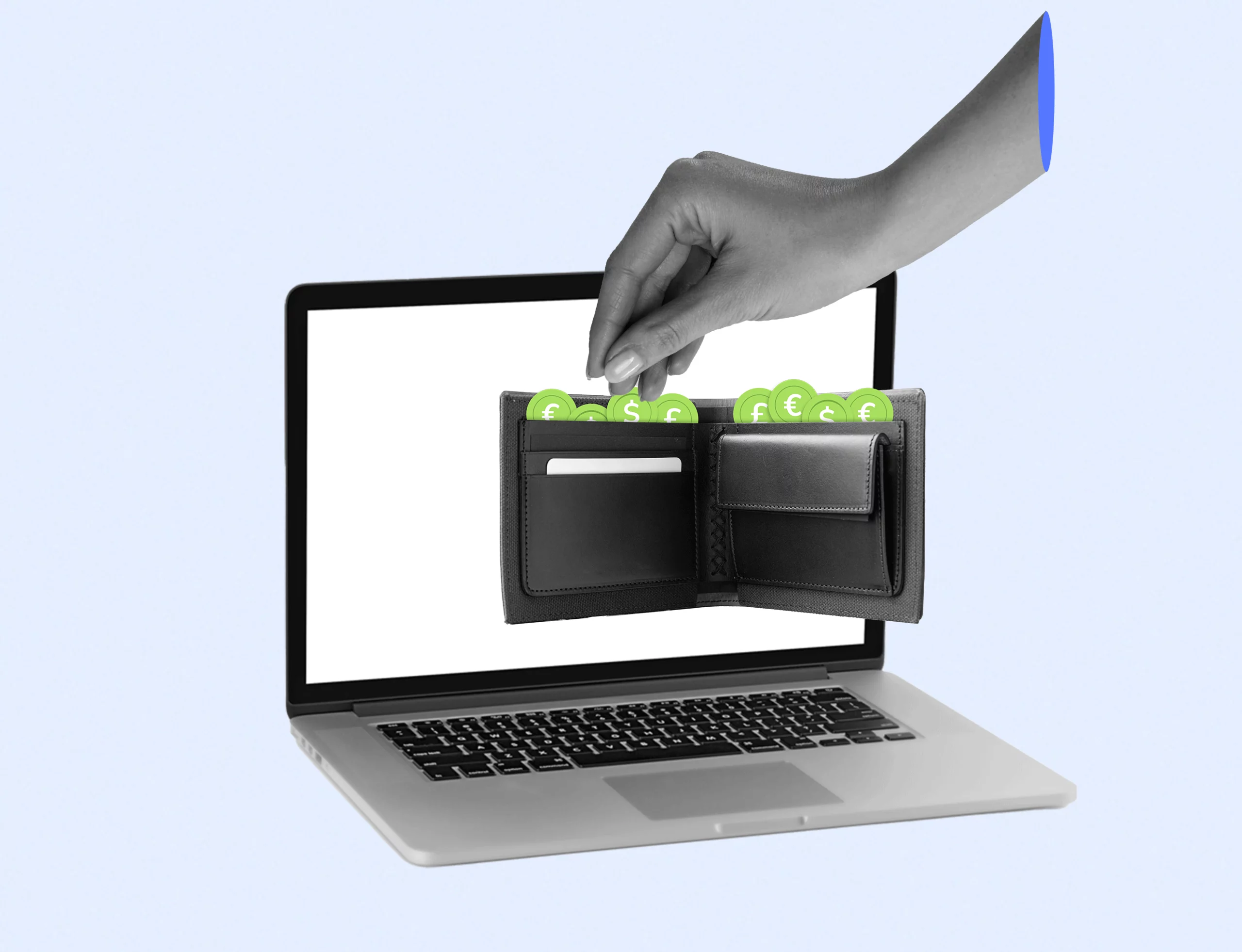 A computer screen displaying a wallet full of green coins while being held by a hand.