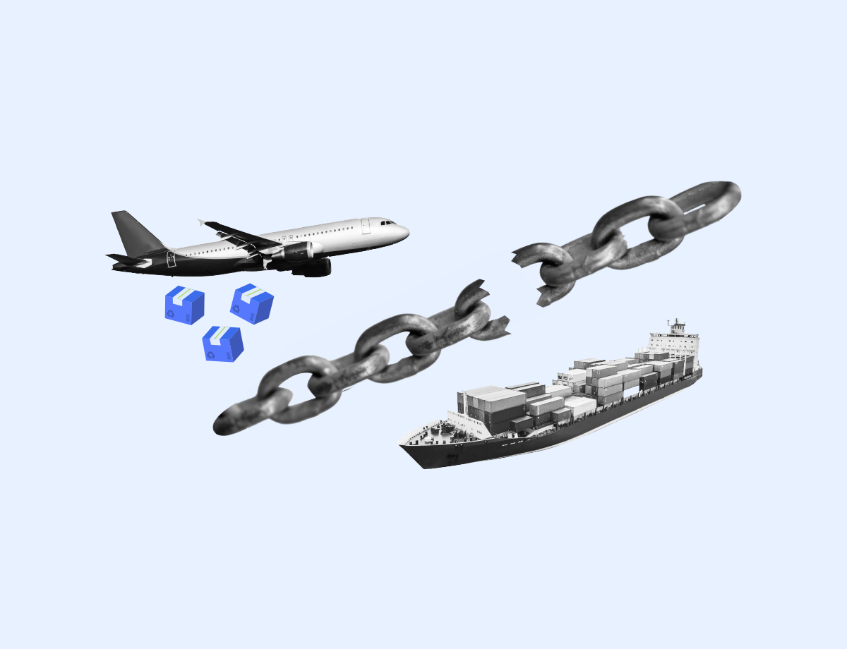 A plane dropping 3 blue boxes while a broken chain is in the middle between a ship and the plane.