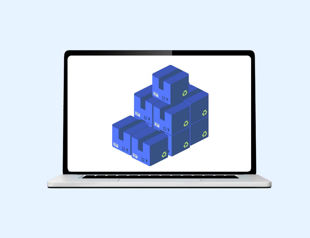 This image showcases a minimalistic and modern laptop against a soft blue background. The laptop screen displays a digital illustration of neatly stacked blue boxes, each adorned with a green logo, signifying a structured and efficient inventory or package system.