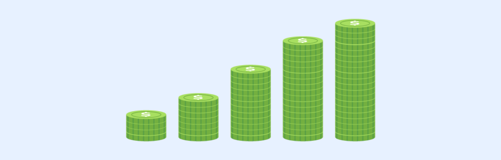 Isometric illustration of progressively taller stacks of green coins with dollar signs, representing financial growth.