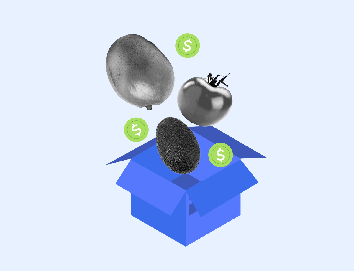 The image presents a concept of inventory management within the food supply chain. It features a blue open-top box in the foreground, symbolizing storage or logistics in the supply chain. Hovering above the box are three stylized food items—a chicken, an avocado, and a tomato, each encircled by green dollar sign icons.