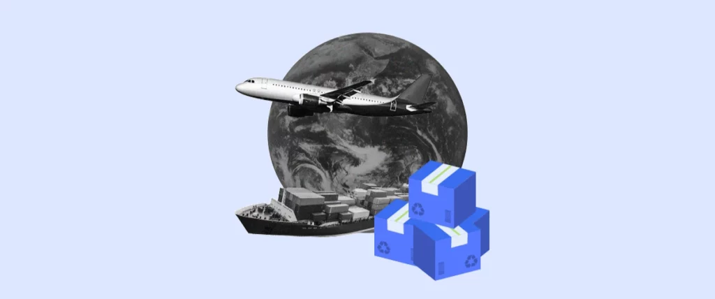 A monochromatic earth and plane with some blue boxes alluding to currency exchange & costs in international supply chain. 