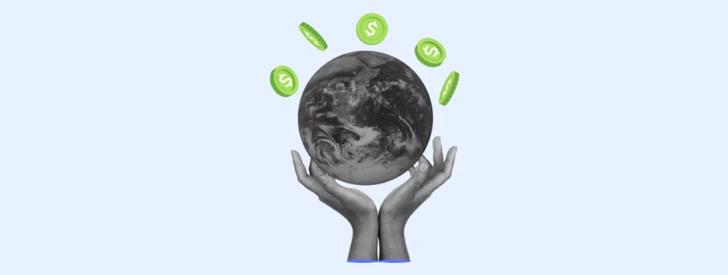 A monochromatic word with some green coins on the top being hold by two hands representing the power of international payment methods.