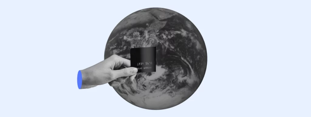 A monochromatic world with a black card coming out of it representing the international payment gateways. 