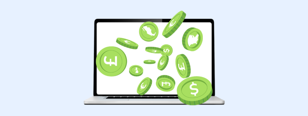 A computer screen displaying green coins with different currencies alluding to a multiple currency account.
