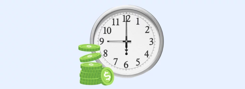 A clock with a stack of green coins. 
