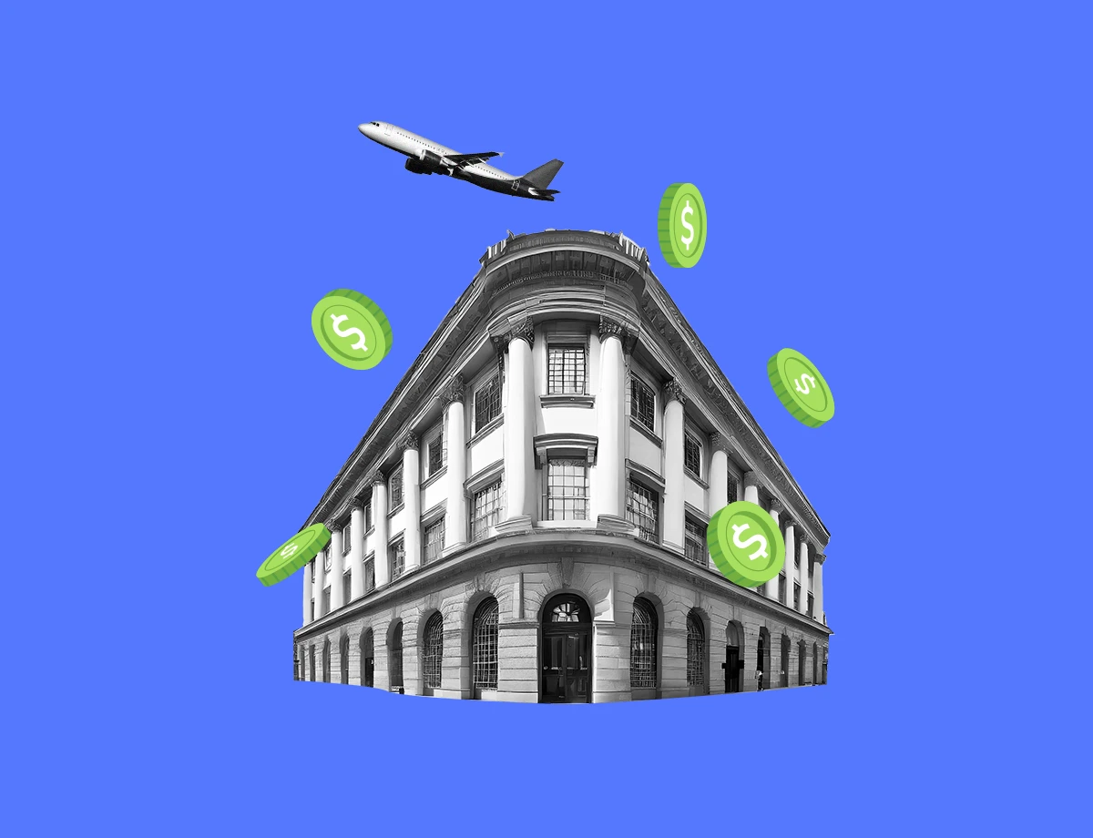 A classical building, representing a bank, serves as the focal point against a vivid blue background, signifying stability and confidence. Above the building, an airplane in mid-flight denotes international travel and global connections.
