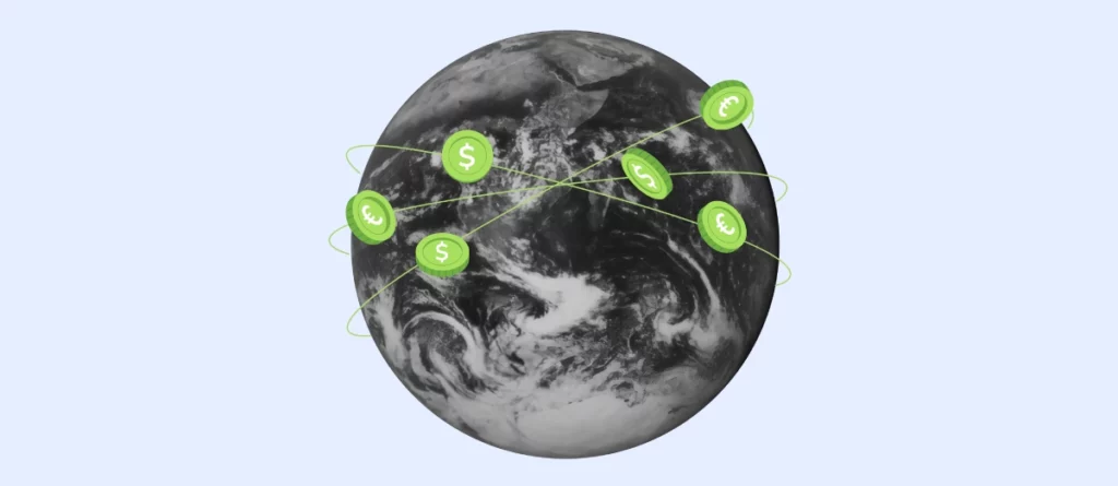 The image depicts a grayscale representation of Earth from space, encircled by various currency symbols in green (dollar and euro signs), connected by green lines that illustrate a network of global transactions.