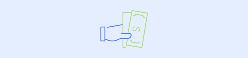 This image features a simplified, line-drawn hand in blue, holding a green outlined dollar bill. The minimalistic style conveys the concept of a global money transfer.