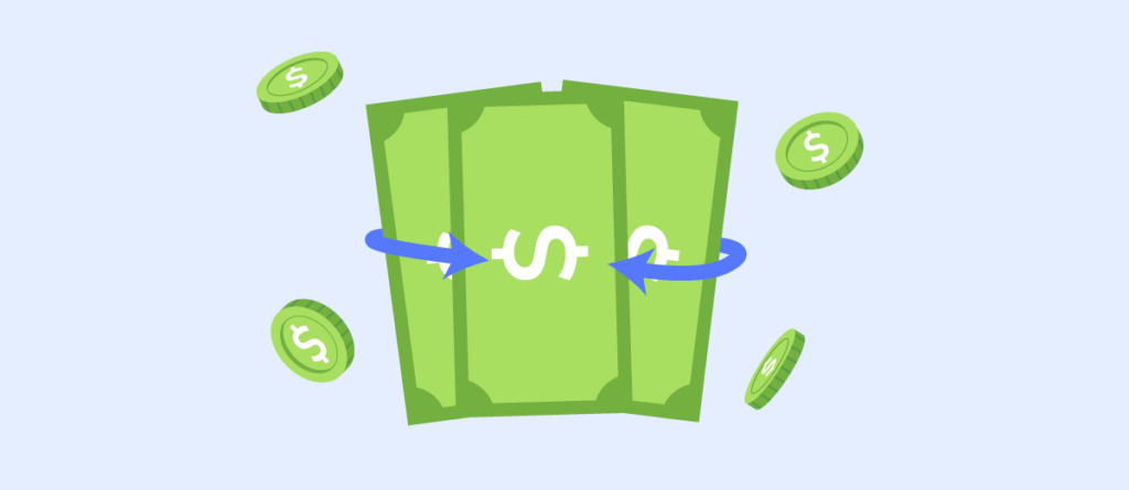 A stylized illustration of a bundle of green dollar bills surrounded by individual coins, all emblazoned with the dollar sign symbol. Blue arrows wrap around the central bill, suggesting movement or circulation, indicative of cash flow, financial exchange, or monetary transactions.