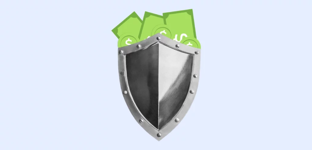 A classic silver shield, reminiscent of medieval armor, dominates the center of the image against a light grey background. Tucked behind the shield are stylized green banknotes with dollar signs on them, seemingly being protected by the shield