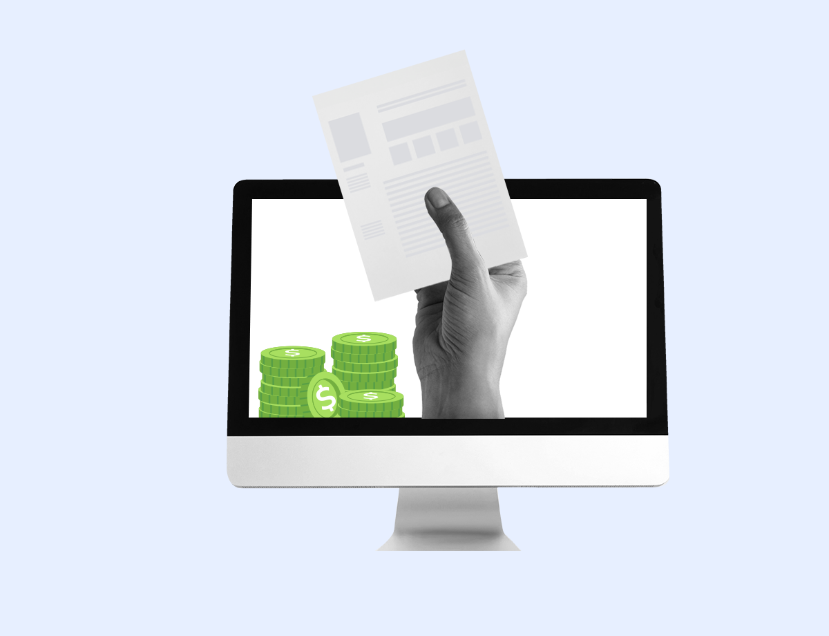 Gráfico de una mano saliendo de una pantalla de computadora, sosteniendo una factura de papel, con pilas de monedas verdes de dólar ilustradas en la pantalla del ordenador, simbolizando las transacciones financieras en línea y la facturación electrónica.