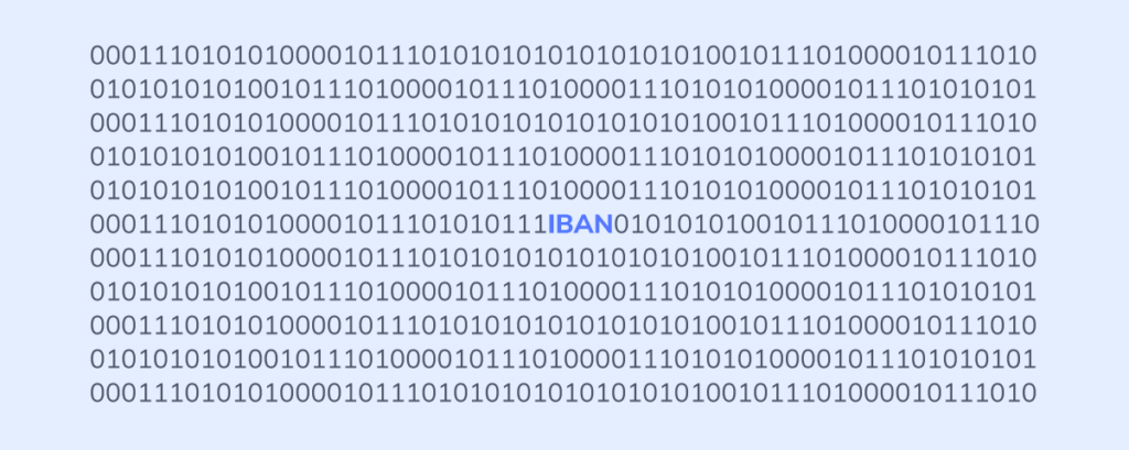 The image displays a string of binary code, with the letters 'IBAN' clearly highlighted in the center.