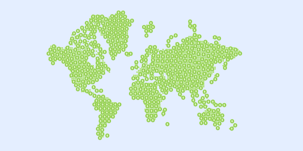 A green map of the world covered in green coins.