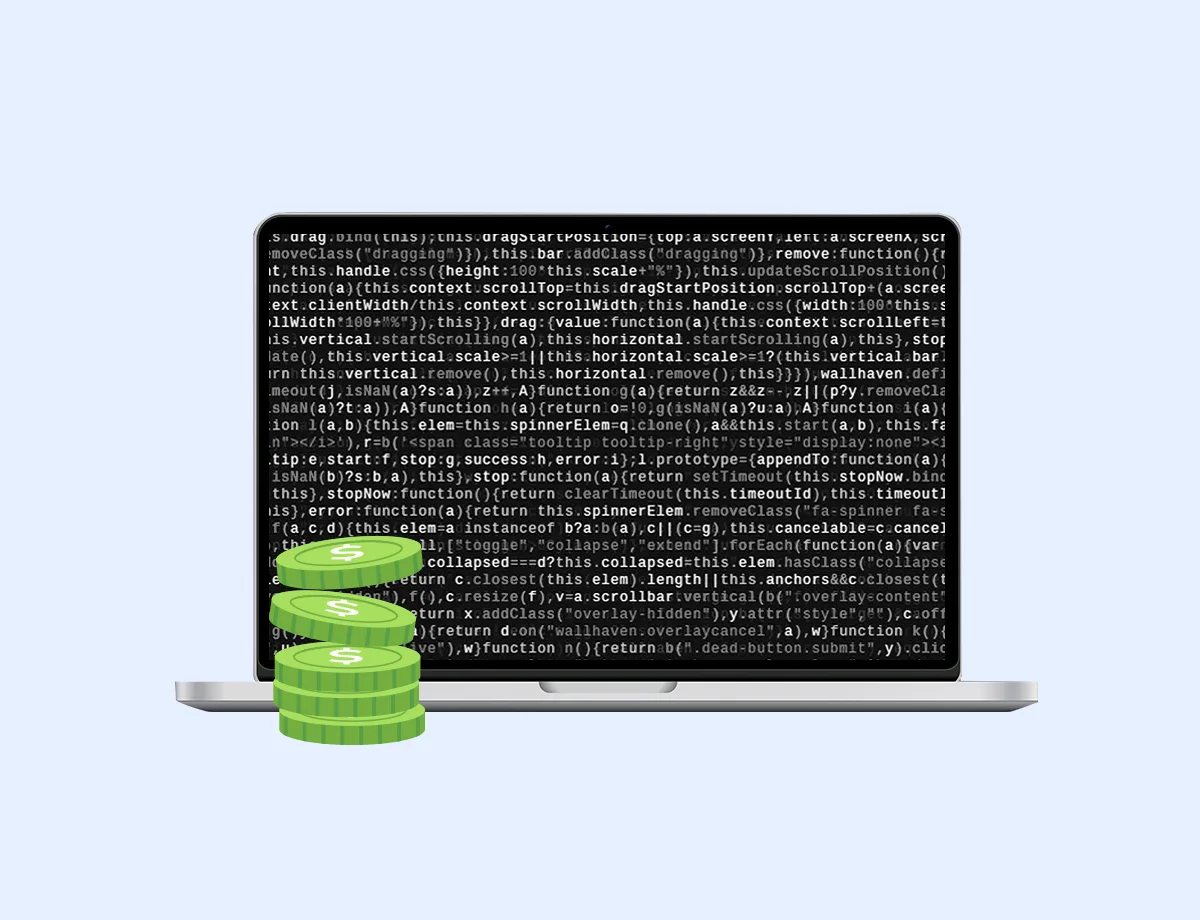 A laptop screen filled with code, overlaying a background of two hands exchanging stacks of coins, which symbolizes financial transactions.