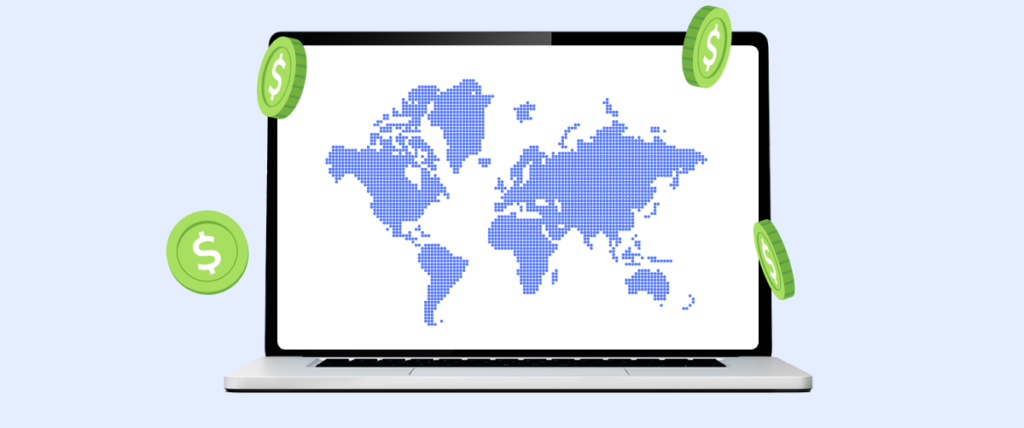 A laptop displaying a dotted world map, with icons of dollar coins at the corners of the screen.