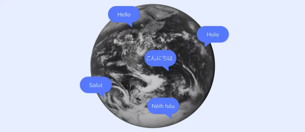 A monochromatic earth globe with speech bubbles in different languages saying 'Hello', symbolizing global communication and international expansion.