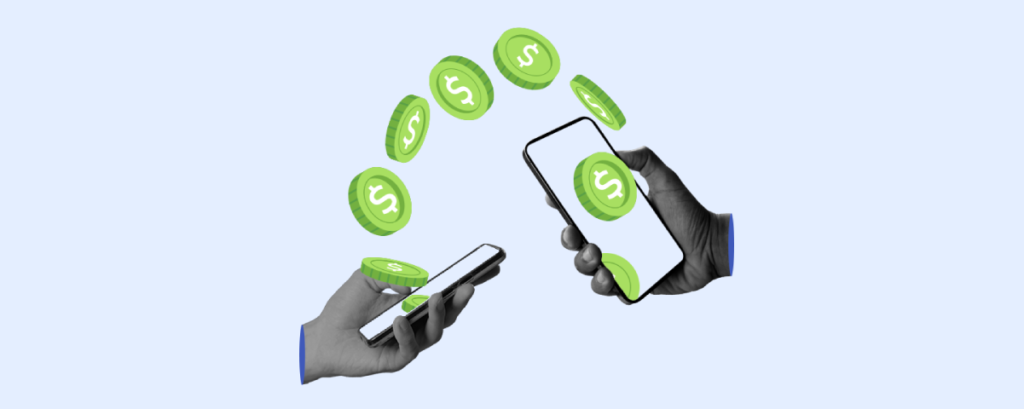 A hand holding a smartphone and the other gesturing towards it, with green dollar sign icons flowing between the phone and the gesturing hand.