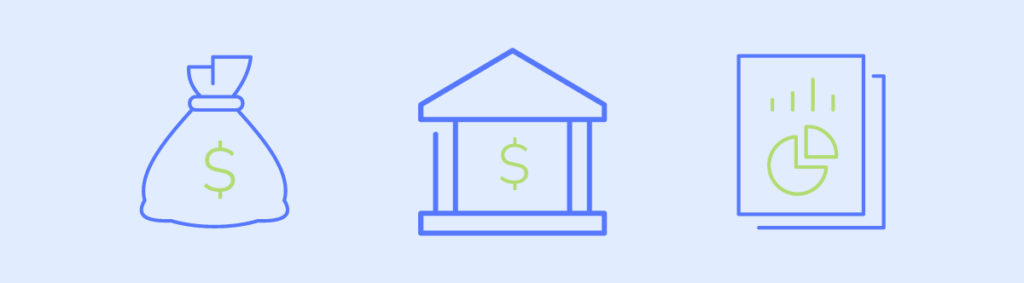 An image with three icons on a light blue background. From left to right: a bag of money with a dollar sign, symbolizing wealth or savings; a classical building representing a bank where financial transactions occur; and a document with a pie chart, indicative of financial reports or analytics.