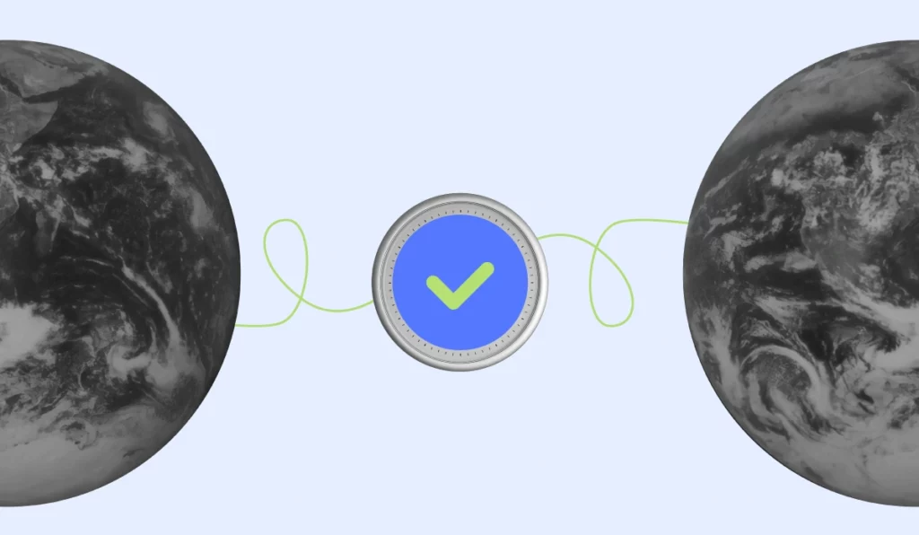Two globes connected by a green line that loops around a central blue coin or seal with a checkmark.